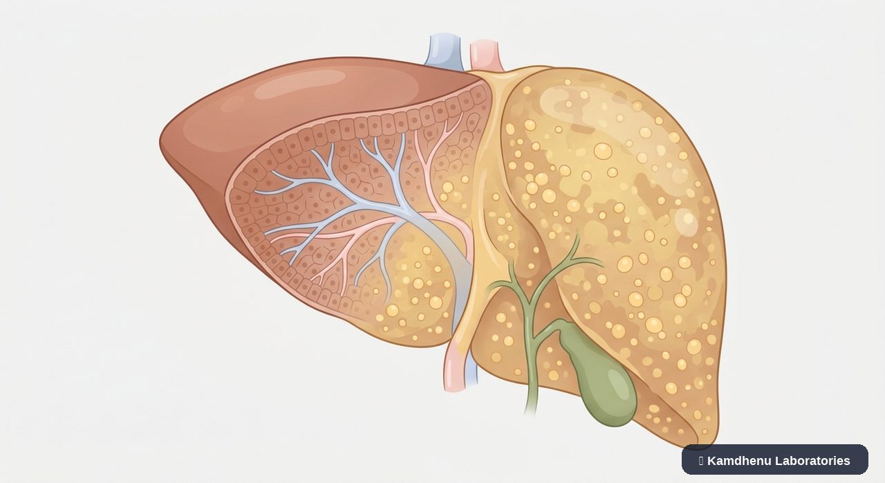 Editorial illustration representing Non-alcoholic fatty liver disease (NAFLD) for the Kamdhenu Laboratories educational wellness blog.