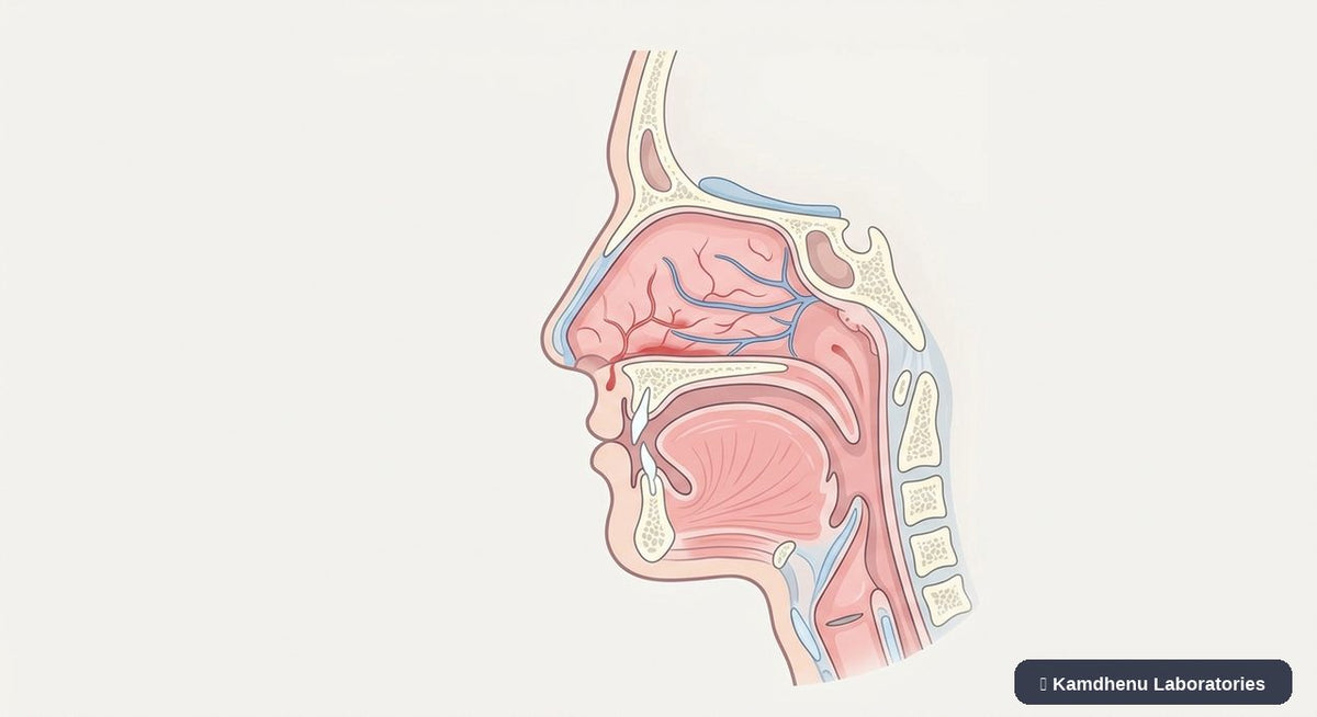 Editorial illustration representing Nosebleed (Epistaxis) for the Kamdhenu Laboratories educational wellness blog.