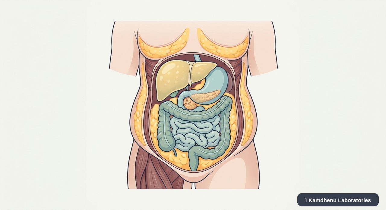 Editorial illustration representing Obesity for the Kamdhenu Laboratories educational wellness blog.