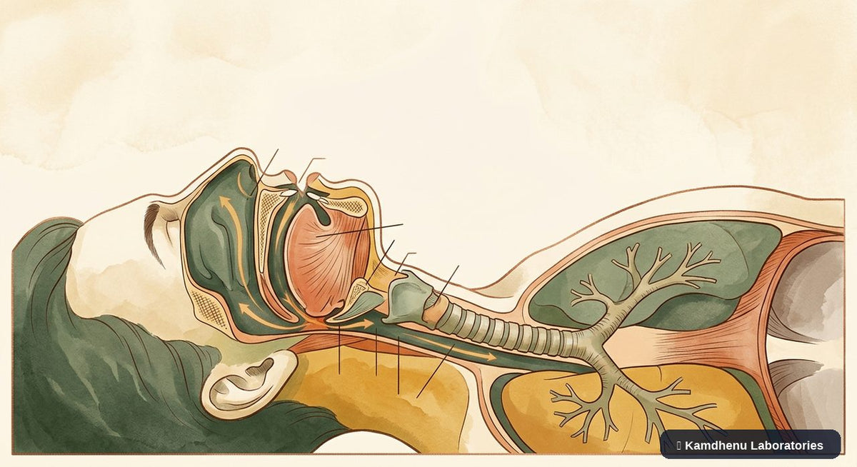 Editorial illustration representing Obstructive sleep apnoea for the Kamdhenu Laboratories educational wellness blog.