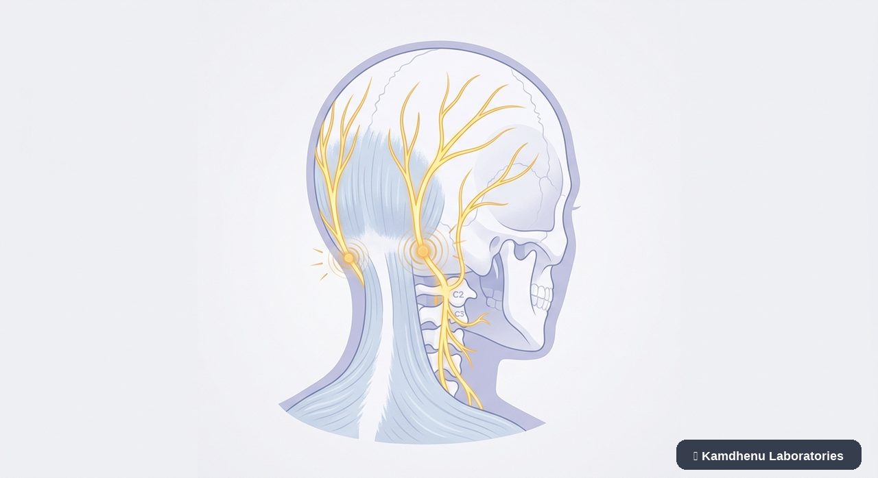 Editorial illustration representing Occipital neuralgia for the Kamdhenu Laboratories educational wellness blog.