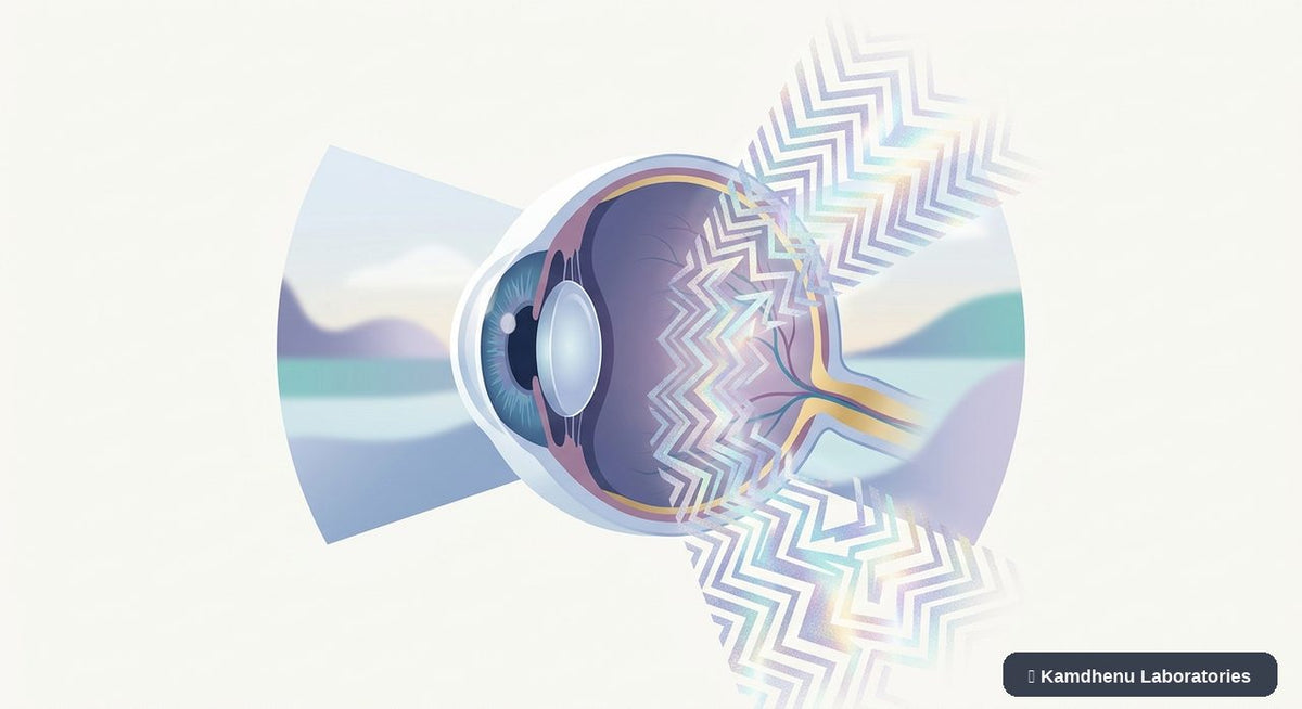 Editorial illustration representing Ocular migraine for the Kamdhenu Laboratories educational wellness blog.