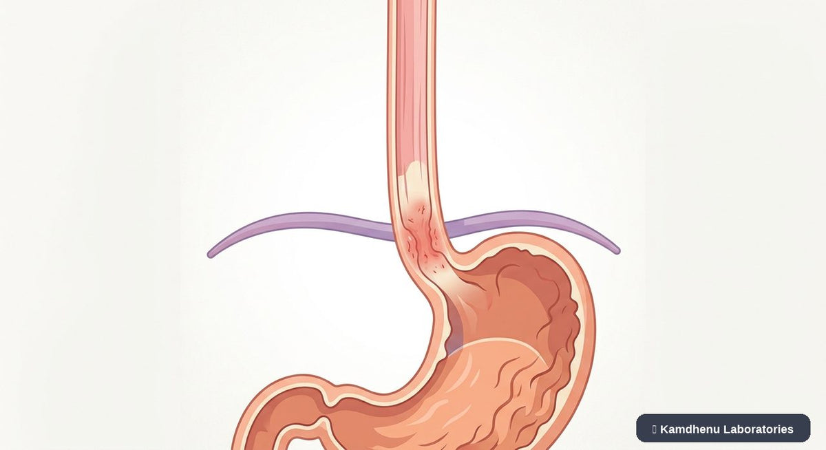 Editorial illustration representing Oesophagitis for the Kamdhenu Laboratories educational wellness blog.