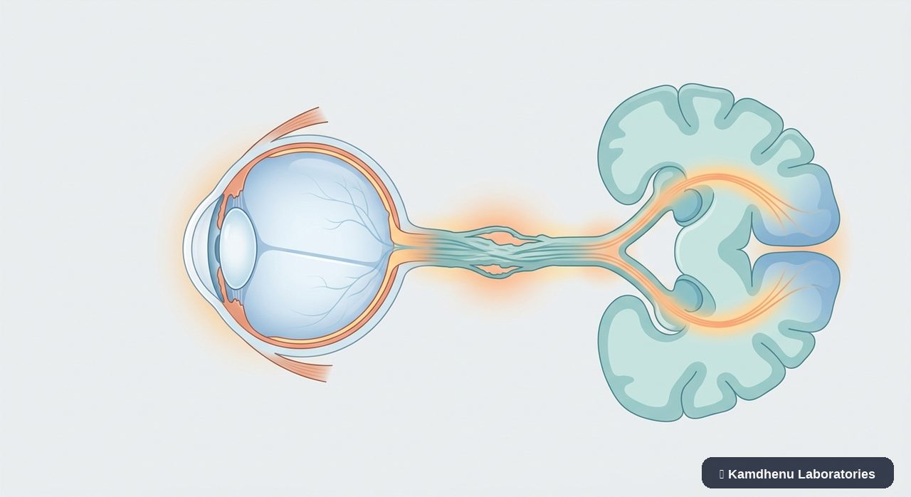 Editorial illustration representing Optic neuropathy for the Kamdhenu Laboratories educational wellness blog.