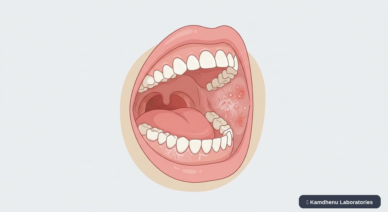 Editorial illustration representing Oral lichen planus for the Kamdhenu Laboratories educational wellness blog.