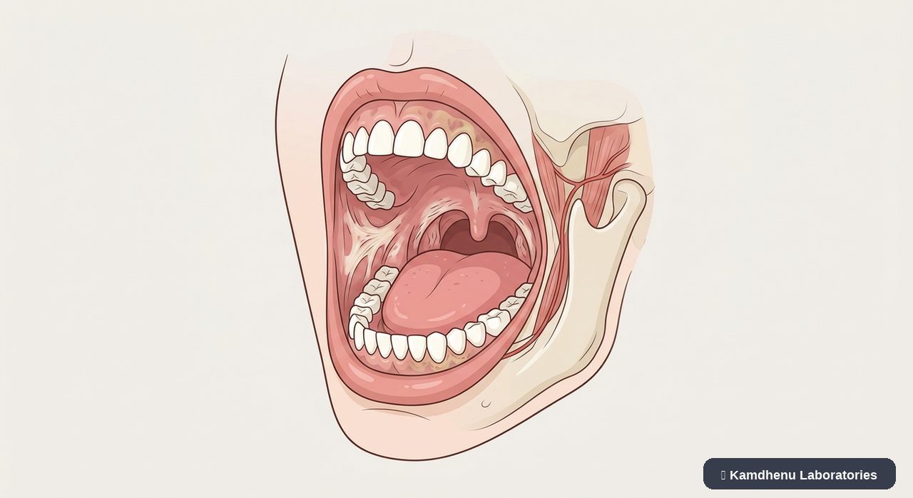 Editorial illustration representing Oral submucous fibrosis for the Kamdhenu Laboratories educational wellness blog.