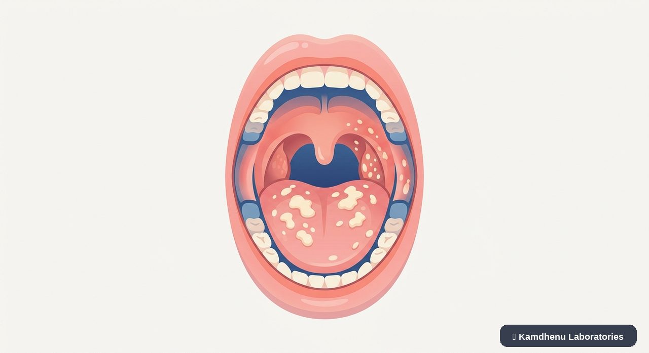 Editorial illustration representing Oral thrush for the Kamdhenu Laboratories educational wellness blog.