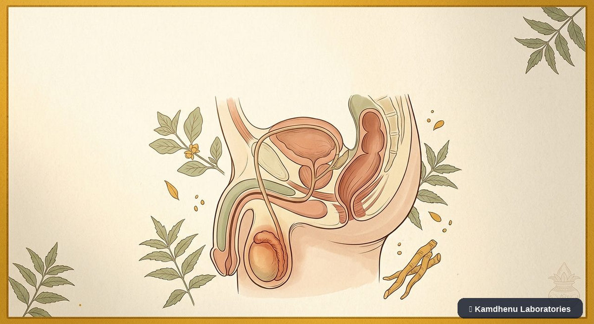 Editorial illustration representing Orchitis for the Kamdhenu Laboratories educational wellness blog.