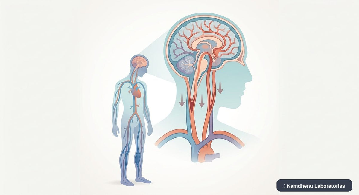 Editorial illustration representing Orthostatic hypotension for the Kamdhenu Laboratories educational wellness blog.