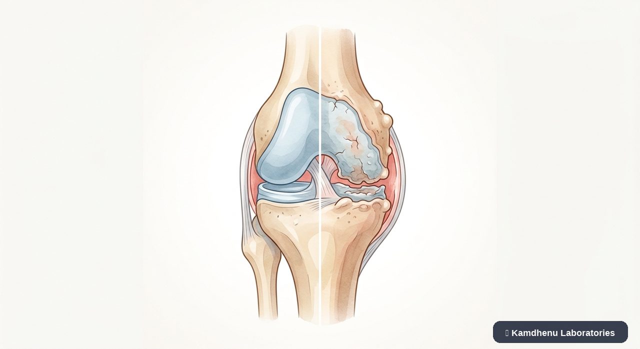 Editorial illustration representing Osteoarthritis for the Kamdhenu Laboratories educational wellness blog.