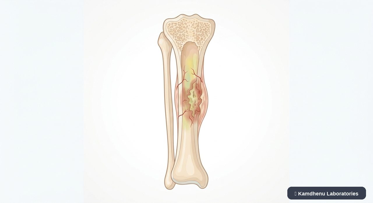 Editorial illustration representing Osteomyelitis for the Kamdhenu Laboratories educational wellness blog.