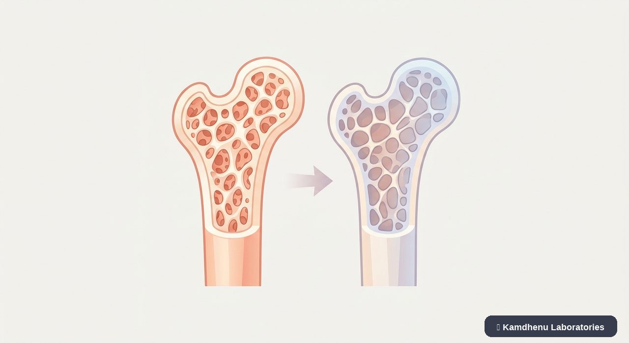 Editorial illustration representing Osteopenia for the Kamdhenu Laboratories educational wellness blog.