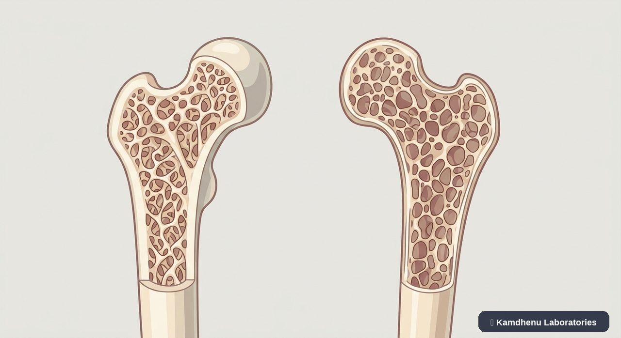Editorial illustration representing Osteoporosis for the Kamdhenu Laboratories educational wellness blog.