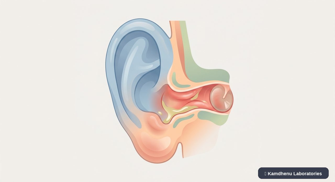 Editorial illustration representing Outer ear infection (Otitis externa) for the Kamdhenu Laboratories educational wellness blog.