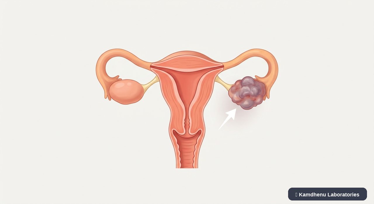 Editorial illustration representing Ovarian cancer for the Kamdhenu Laboratories educational wellness blog.