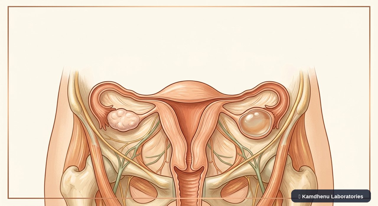 Editorial illustration representing Ovarian cyst for the Kamdhenu Laboratories educational wellness blog.