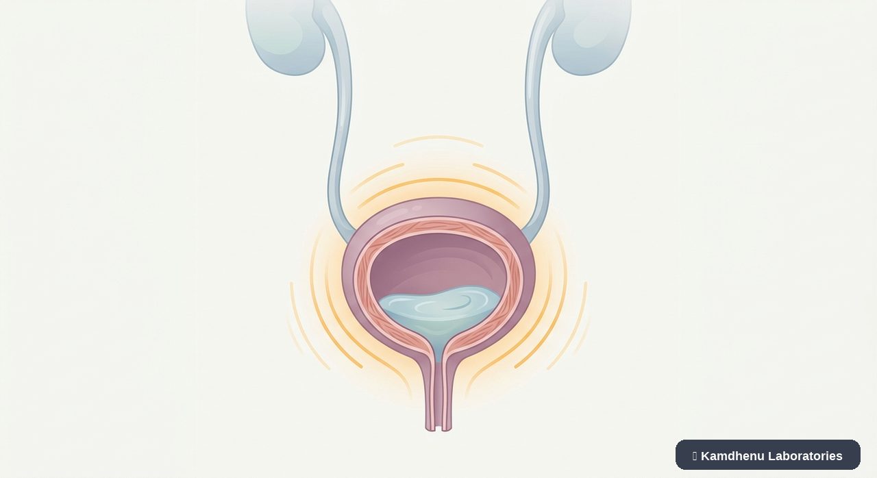 Editorial illustration representing Overactive bladder for the Kamdhenu Laboratories educational wellness blog.