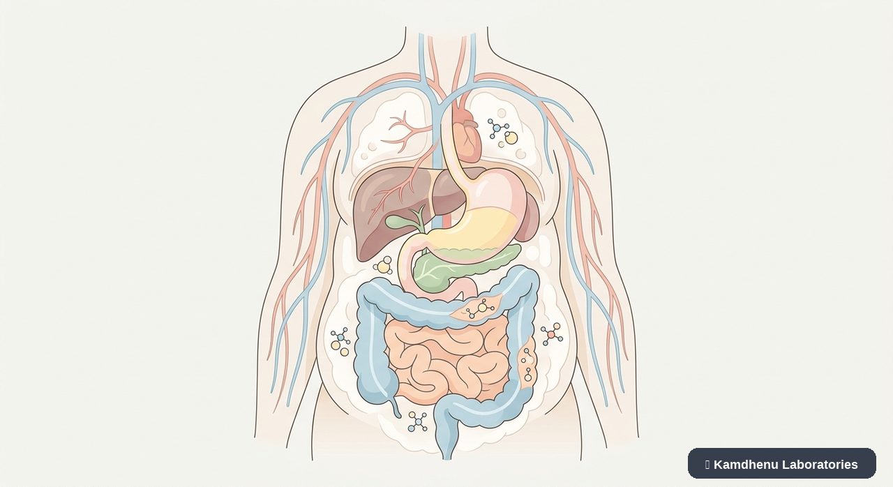 Editorial illustration representing Overweight for the Kamdhenu Laboratories educational wellness blog.