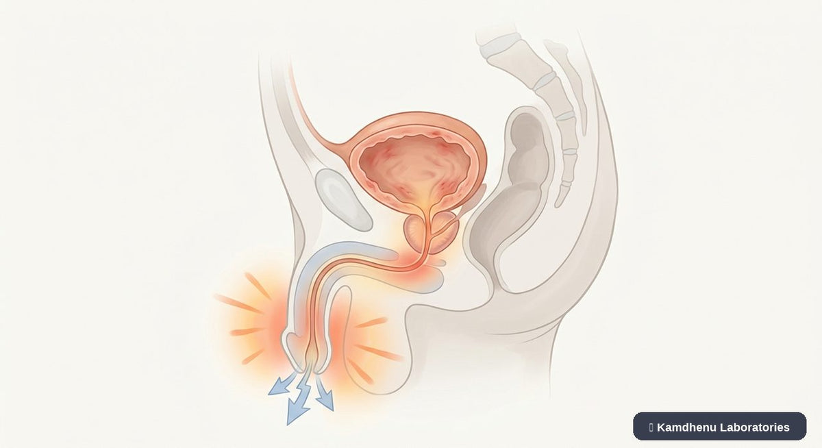 Editorial illustration representing Painful urination (Dysuria) for the Kamdhenu Laboratories educational wellness blog.