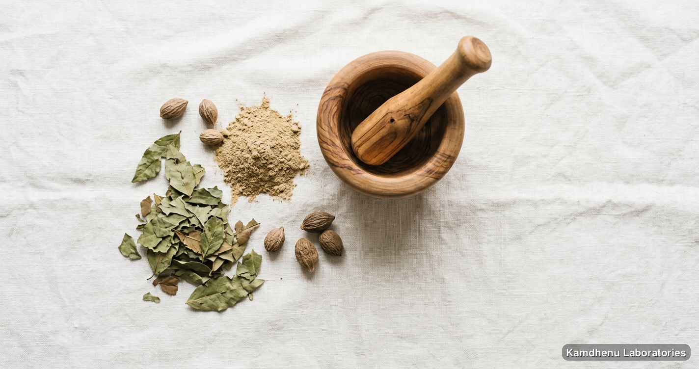 Panchgun Taila — Ayurvedic oil. Clean product photograph on a soft light background.