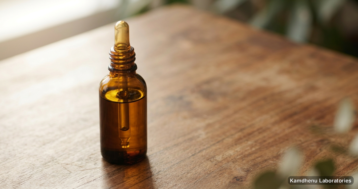 Ayurvedic oil — Panchgun Taila, photographed in a wellness setting
