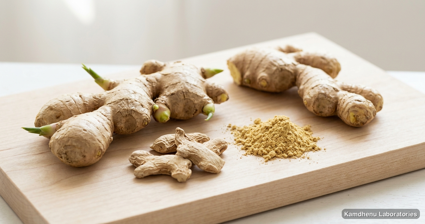 Panchsakar Churna — Ayurvedic powder containing ginger. Clean product photograph on a soft light background.