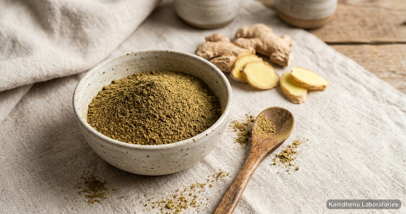 Ayurvedic powder — Panchsakar Churna featuring ginger, photographed in a wellness setting