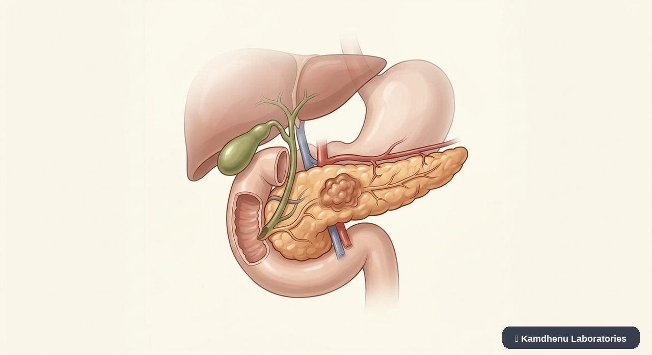 Editorial illustration representing Pancreatic cancer for the Kamdhenu Laboratories educational wellness blog.