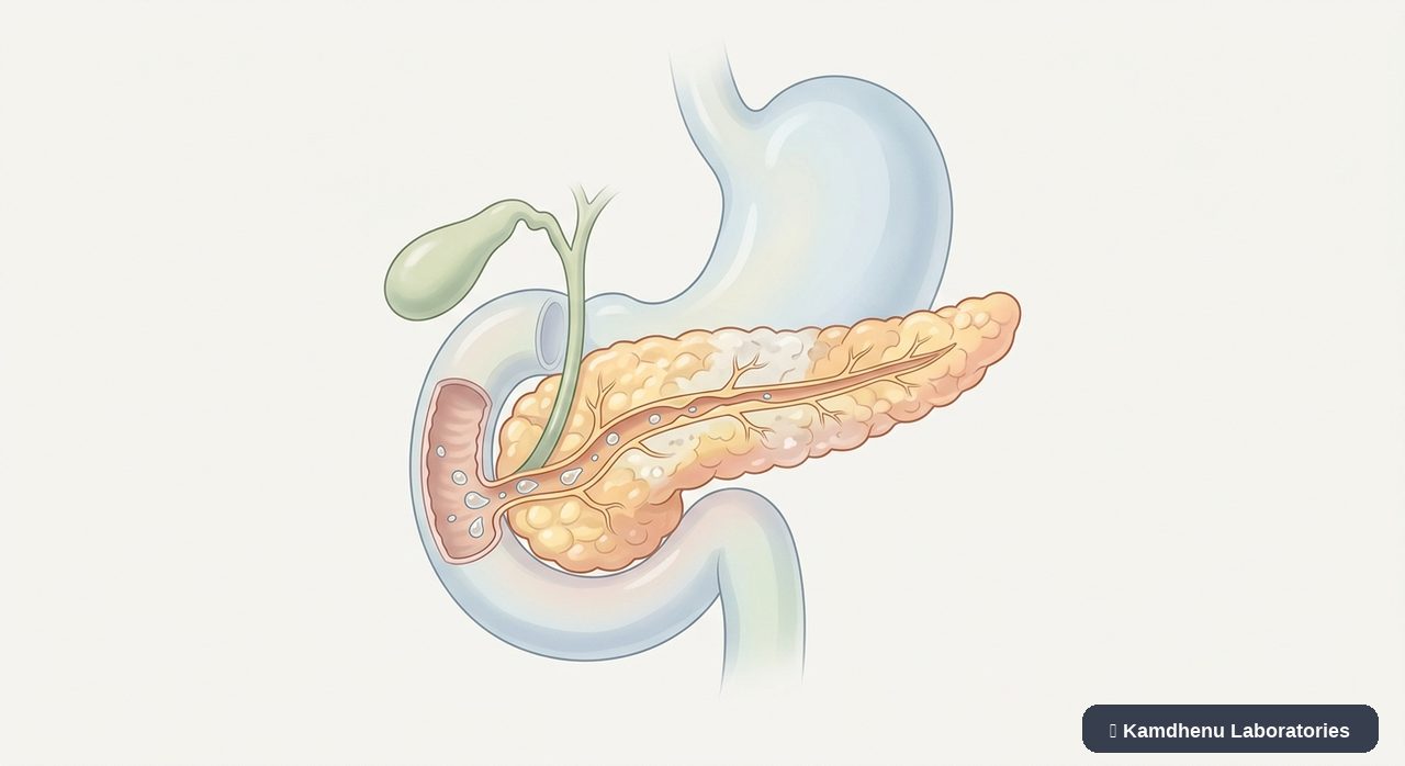 Editorial illustration representing Pancreatic insufficiency for the Kamdhenu Laboratories educational wellness blog.