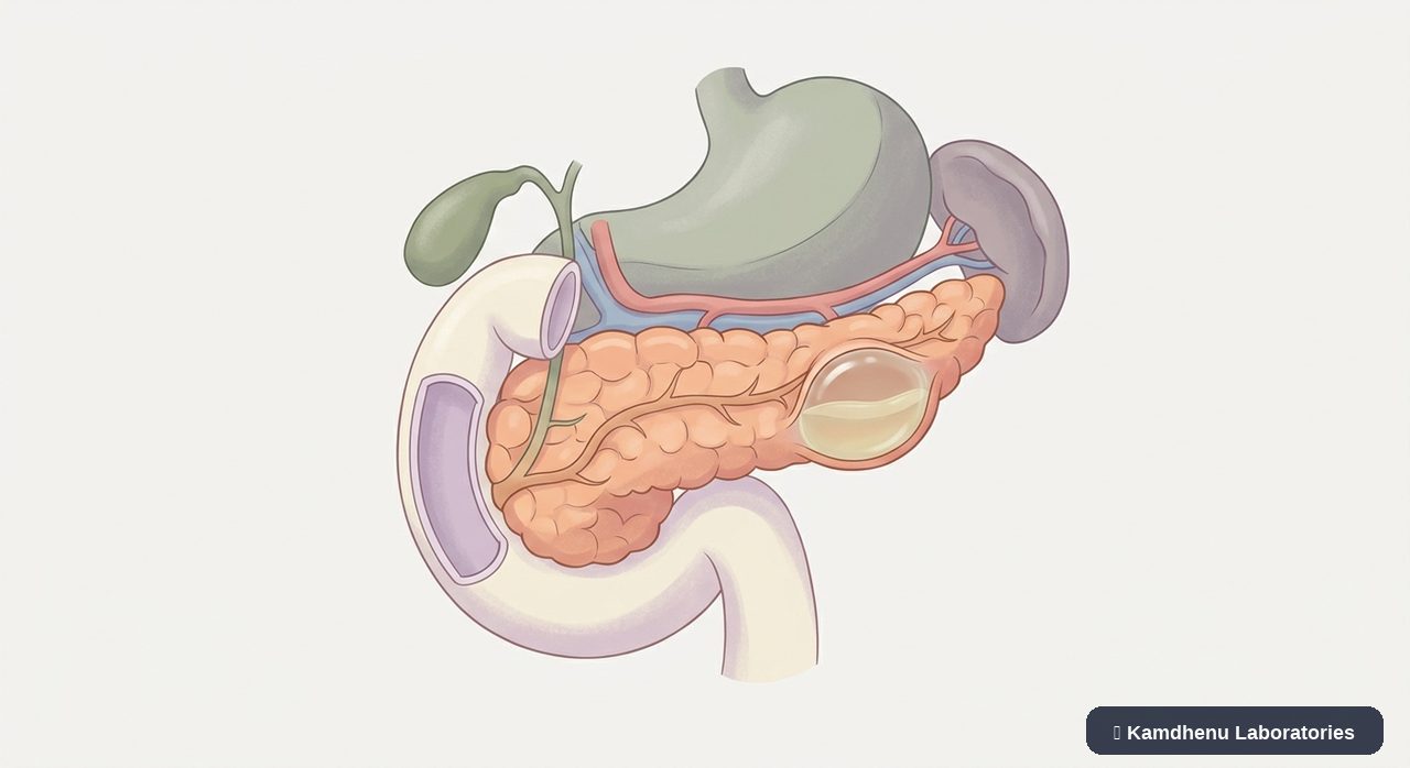 Editorial illustration representing Pancreatic pseudocyst for the Kamdhenu Laboratories educational wellness blog.