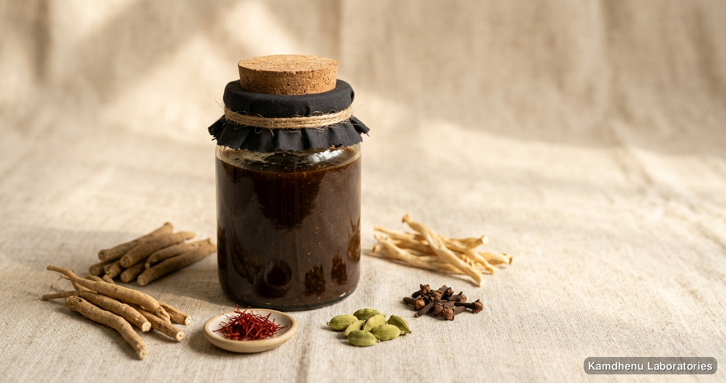 Ayurvedic product — Paramveer Pak | 200g featuring ashwagandha, shatavari, kesar, photographed in a wellness setting