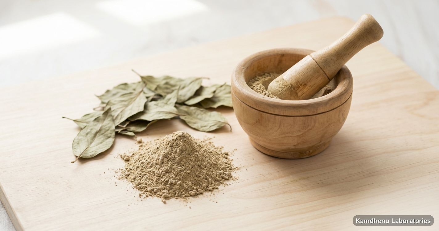 Parijat Leaf Powder — Ayurvedic powder. Clean product photograph on a soft light background.