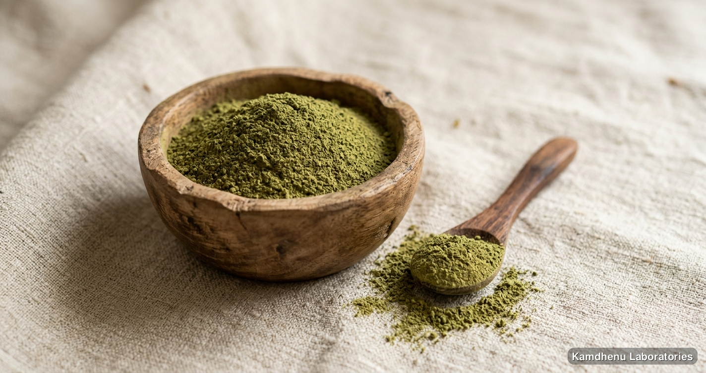 Ayurvedic powder — Parijat Leaf Powder, photographed in a wellness setting