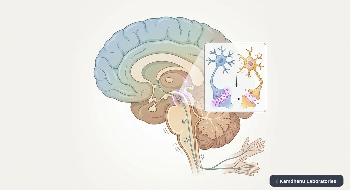 Editorial illustration representing Parkinson's disease for the Kamdhenu Laboratories educational wellness blog.