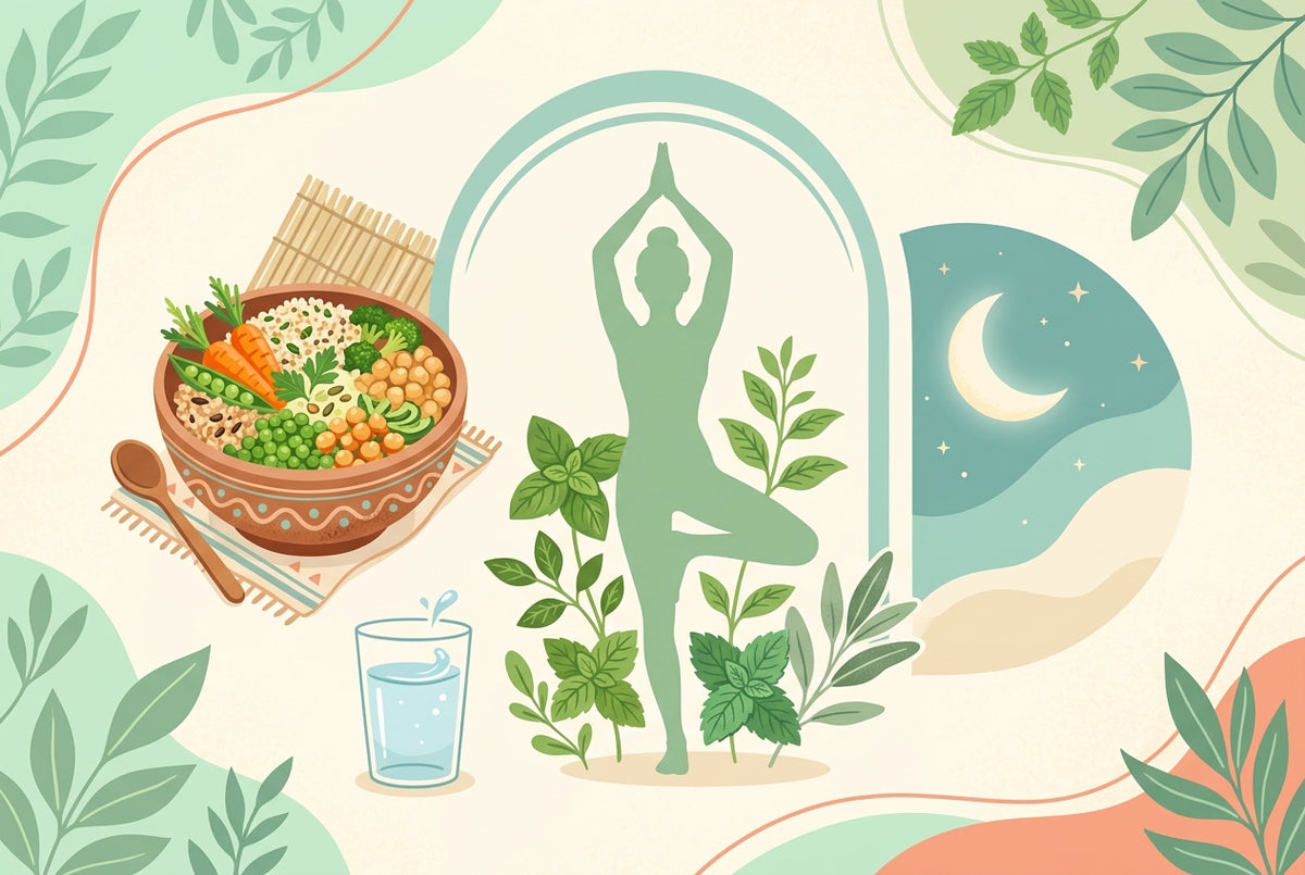 संतुलित जीवनशैली दर्शाता चित्र — योग, स्वस्थ आहार, जल और विश्राम — 'PCOS जीवनशैली सहायता' लेख का चित्र