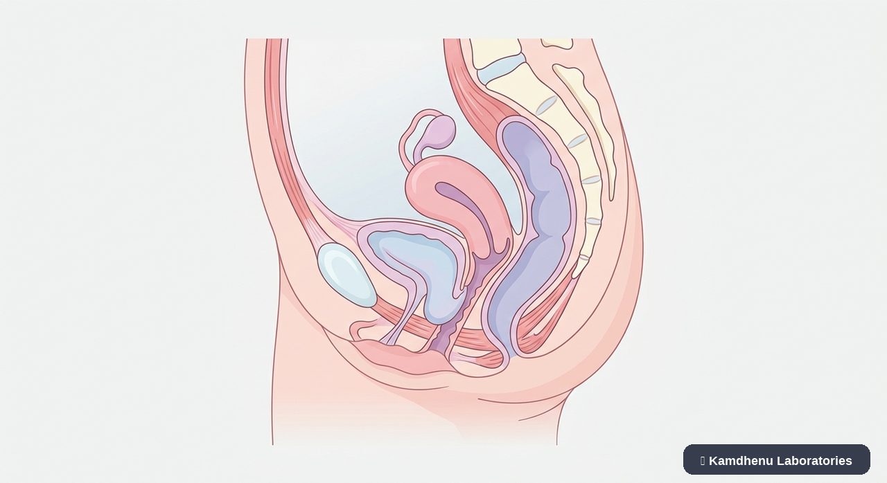 Editorial illustration representing Pelvic organ prolapse for the Kamdhenu Laboratories educational wellness blog.