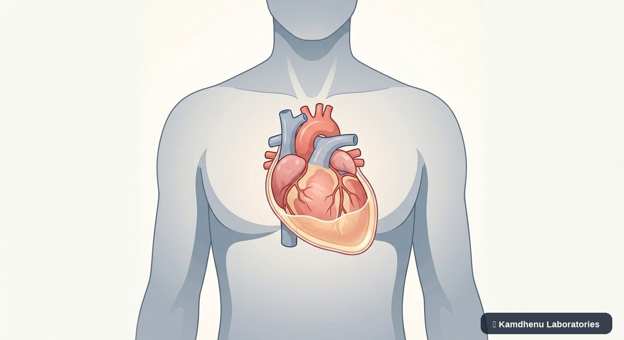 Editorial illustration representing Pericardial effusion for the Kamdhenu Laboratories educational wellness blog.