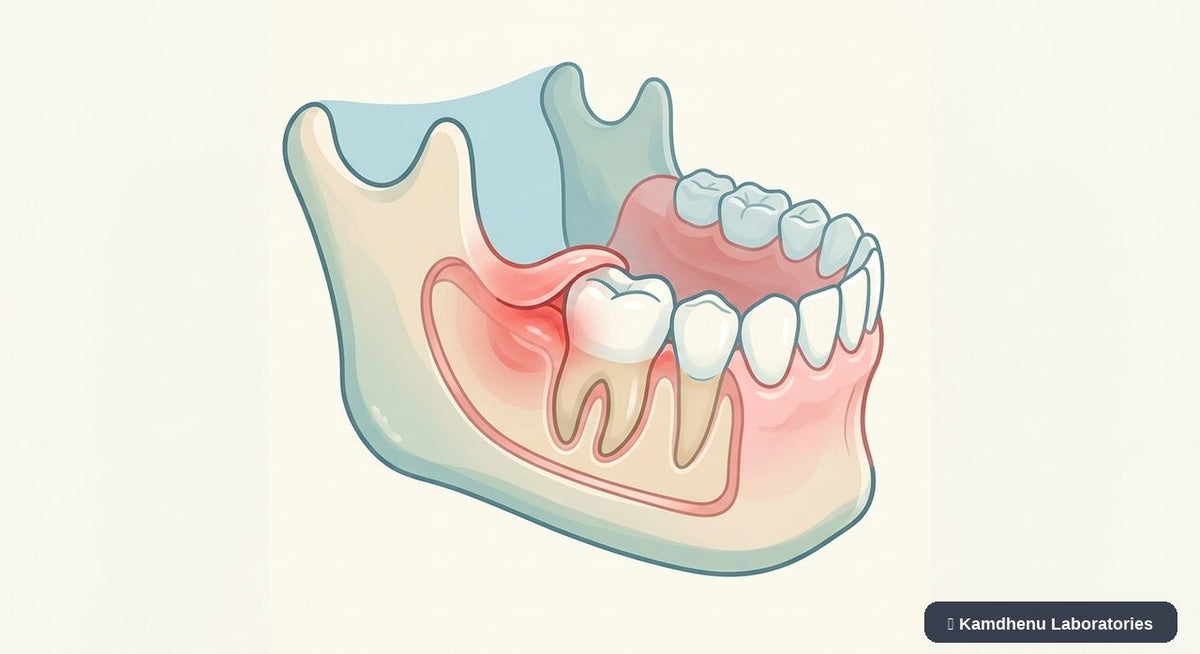 Editorial illustration representing Pericoronitis for the Kamdhenu Laboratories educational wellness blog.