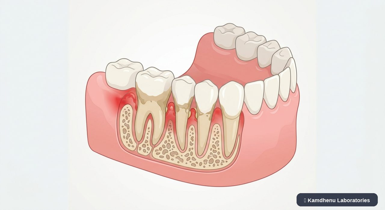 Editorial illustration representing Periodontitis for the Kamdhenu Laboratories educational wellness blog.