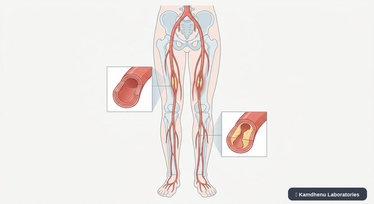 Editorial illustration representing Peripheral artery disease for the Kamdhenu Laboratories educational wellness blog.