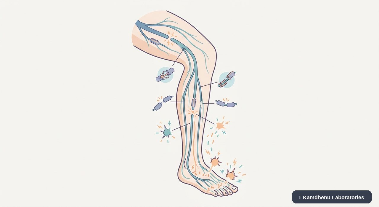 Editorial illustration representing Peripheral neuropathy for the Kamdhenu Laboratories educational wellness blog.