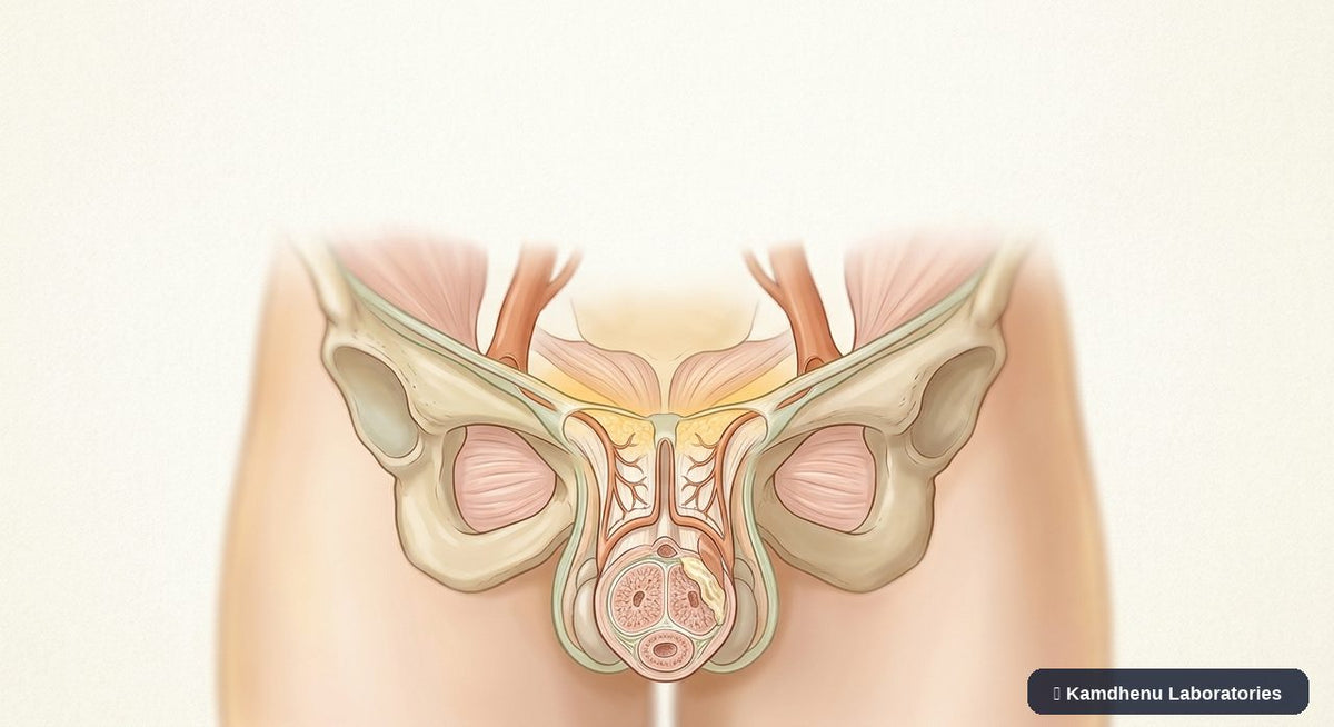 Editorial illustration representing Peyronie's disease for the Kamdhenu Laboratories educational wellness blog.