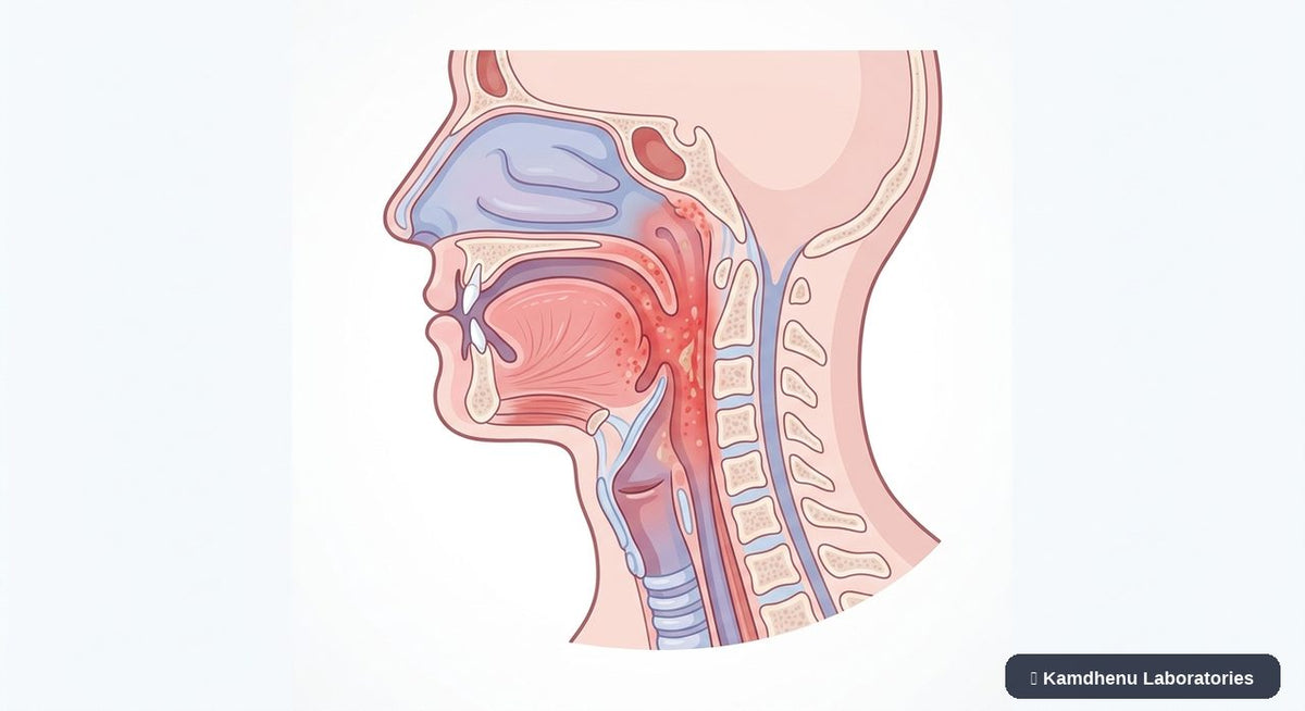 Editorial illustration representing Pharyngitis for the Kamdhenu Laboratories educational wellness blog.