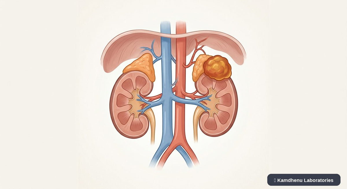 Editorial illustration representing Pheochromocytoma for the Kamdhenu Laboratories educational wellness blog.