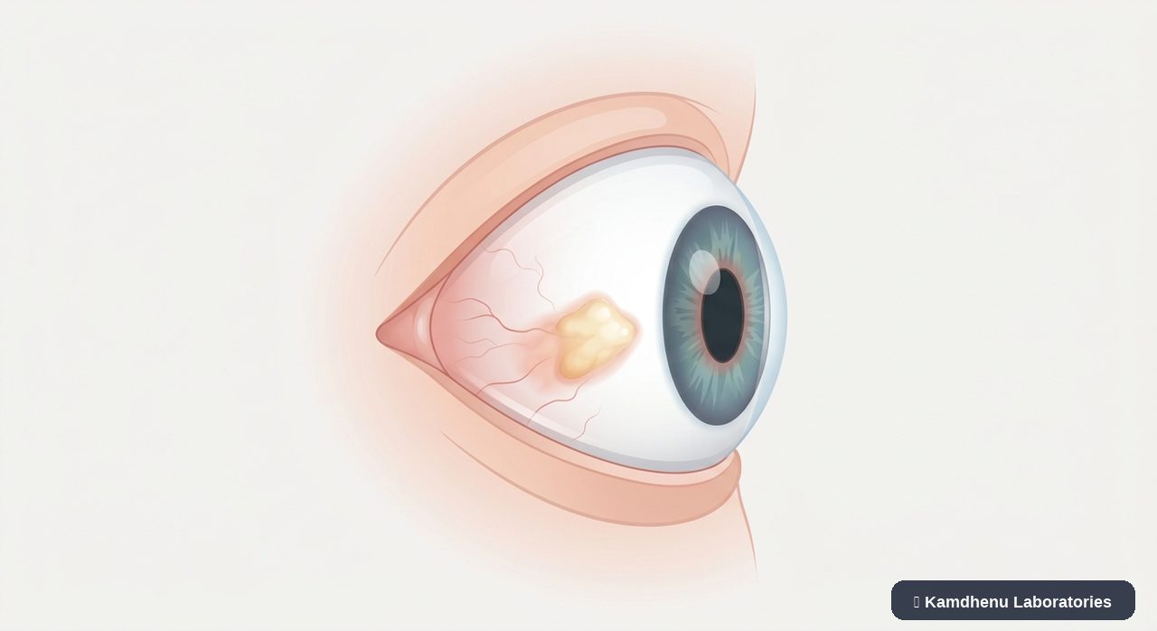Editorial illustration representing Pinguecula for the Kamdhenu Laboratories educational wellness blog.
