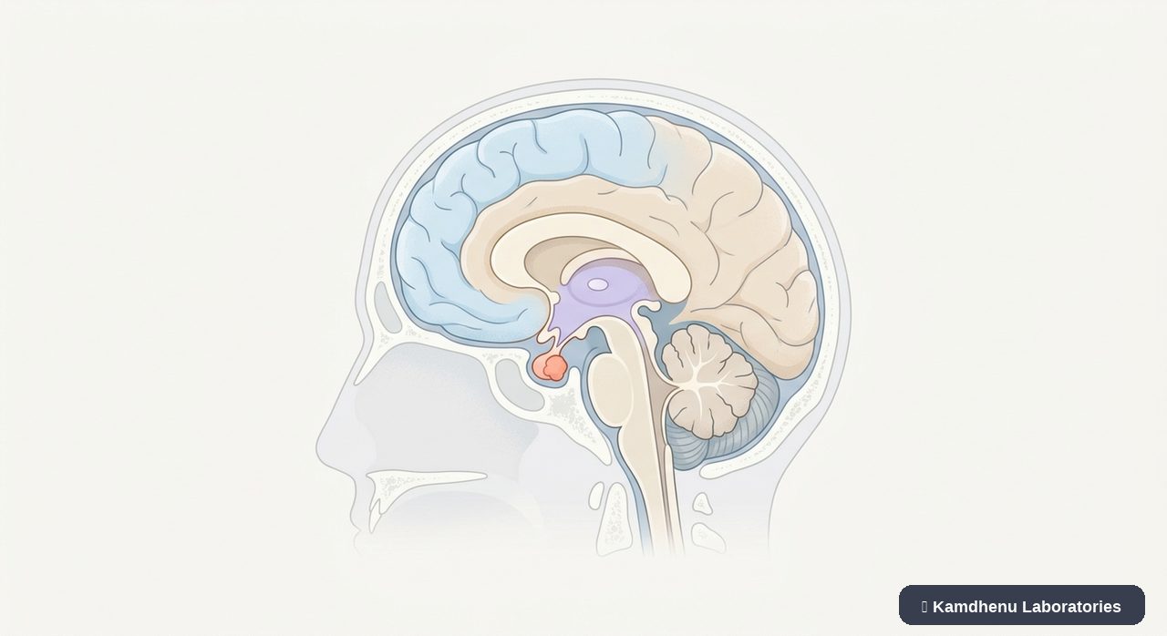 Editorial illustration representing Pituitary tumour for the Kamdhenu Laboratories educational wellness blog.