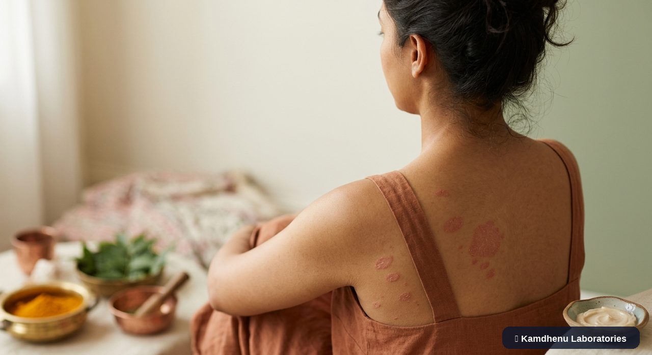 Editorial illustration representing Pityriasis rosea for the Kamdhenu Laboratories educational wellness blog.
