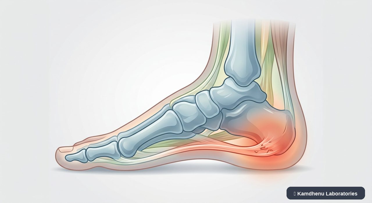 Editorial illustration representing Plantar fasciitis for the Kamdhenu Laboratories educational wellness blog.