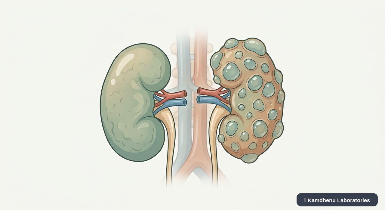 Editorial illustration representing Polycystic kidney disease for the Kamdhenu Laboratories educational wellness blog.
