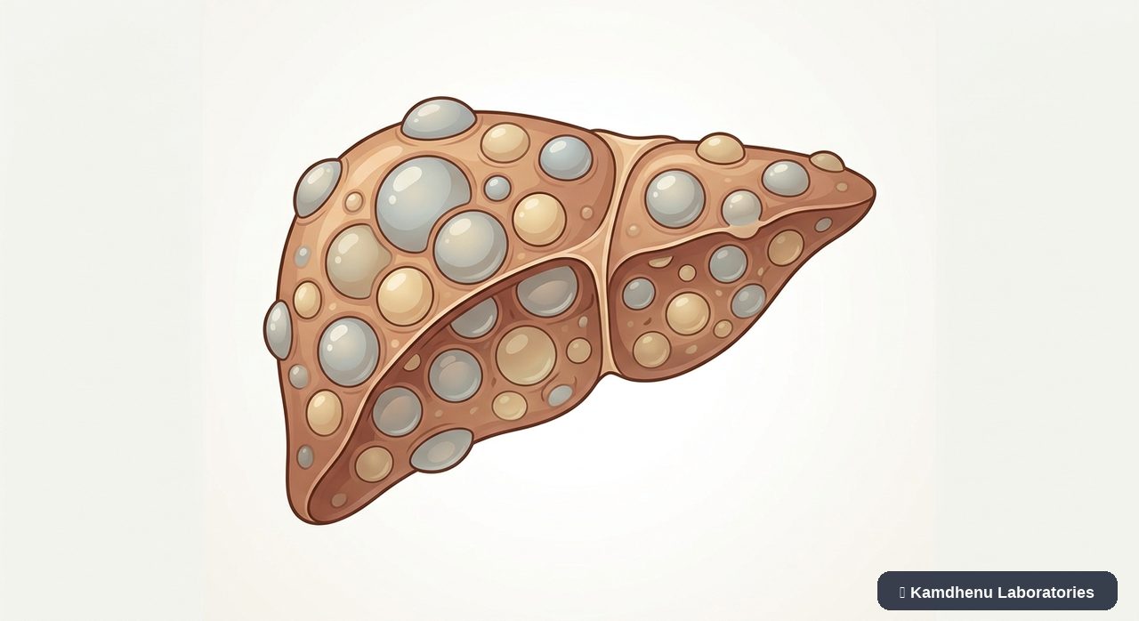 Editorial illustration representing Polycystic liver disease for the Kamdhenu Laboratories educational wellness blog.